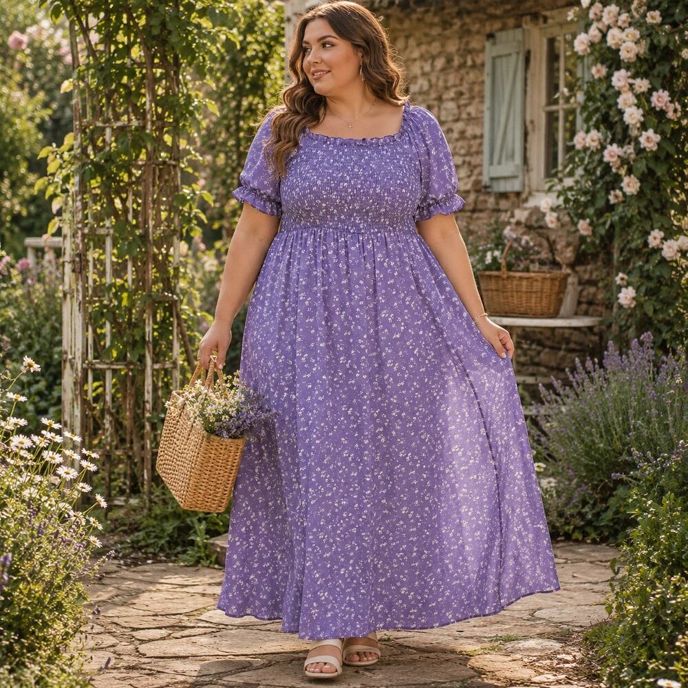 Bloomchic Floral Smocked Maxi Dress Sz 18 Boho Purple Coquette Prairie ROmantic